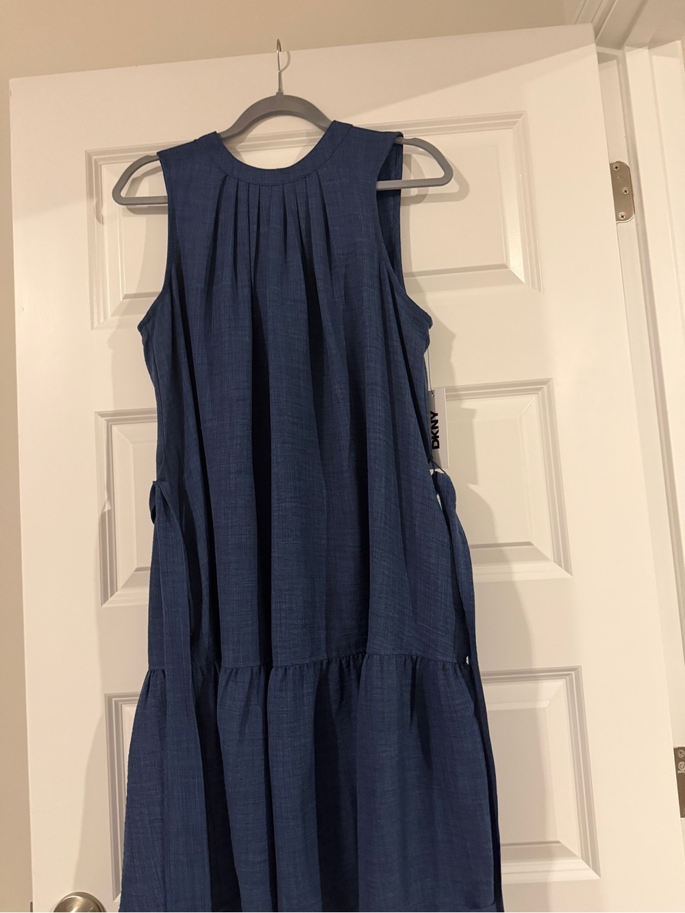DKNY Sleeveless Navy Midi Tie-Detail Tiered Dress